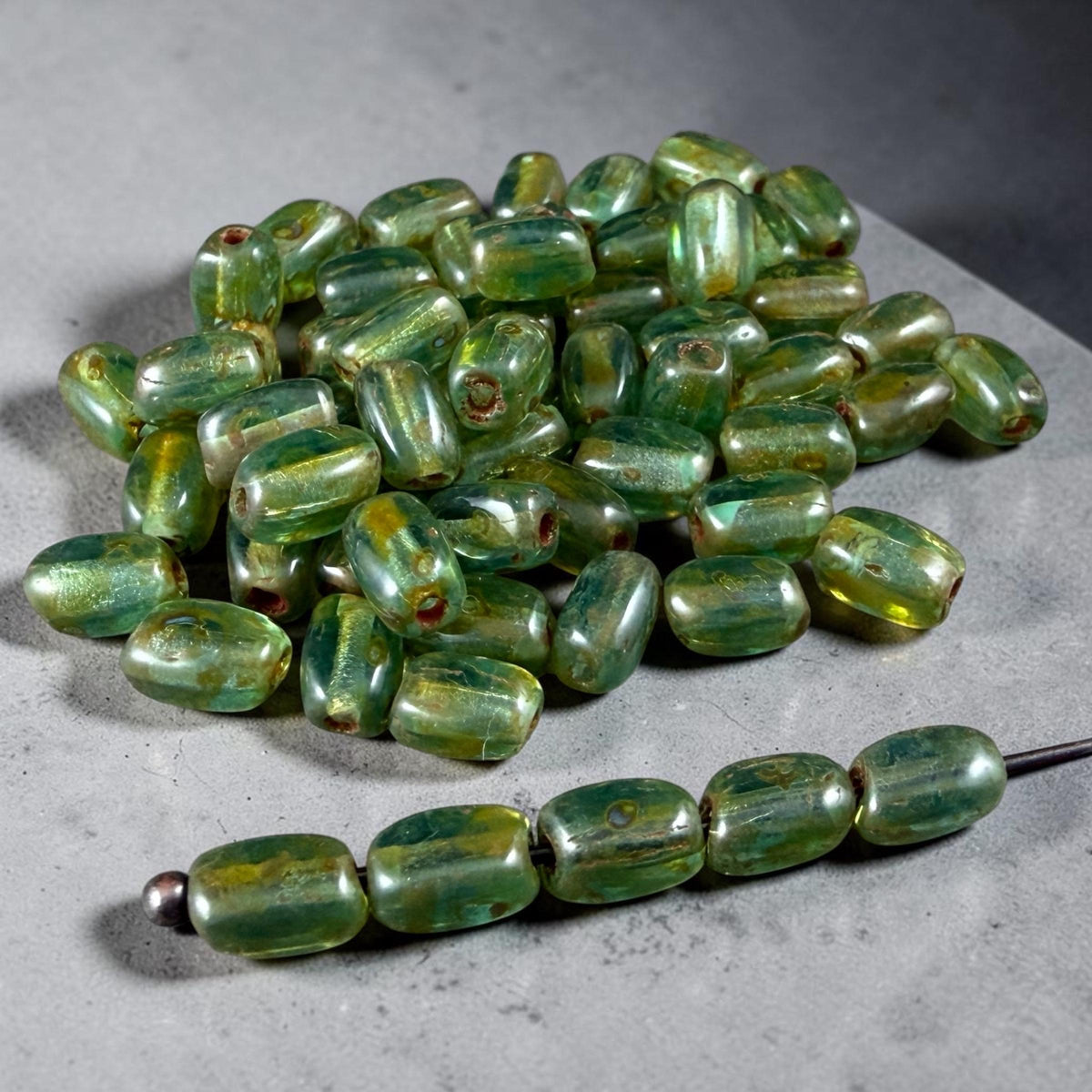 Czech Glass Beads - 5x3mm Rectangle, Olive Green Picasso (R965517) * 50 Beads