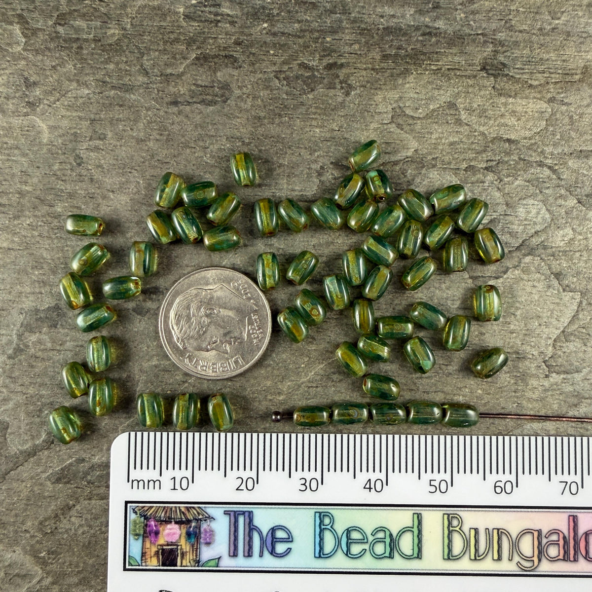 Czech Glass Beads - 5x3mm Rectangle, Olive Green Picasso (R965517) * 50 Beads
