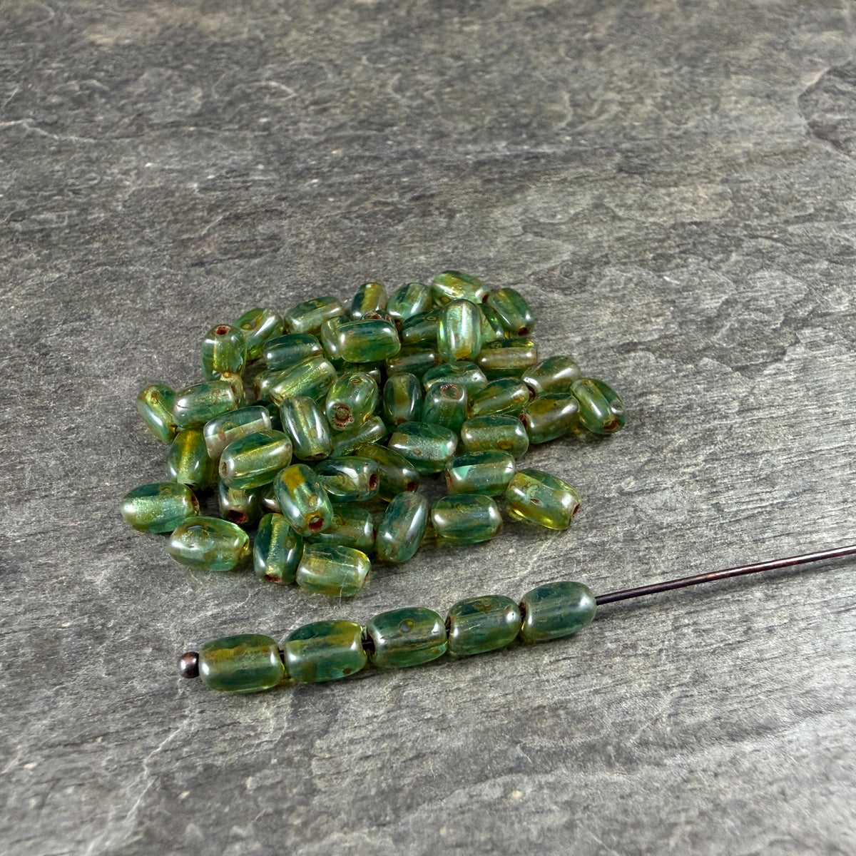 Czech Glass Beads - 5x3mm Rectangle, Olive Green Picasso (R965517) * 50 Beads