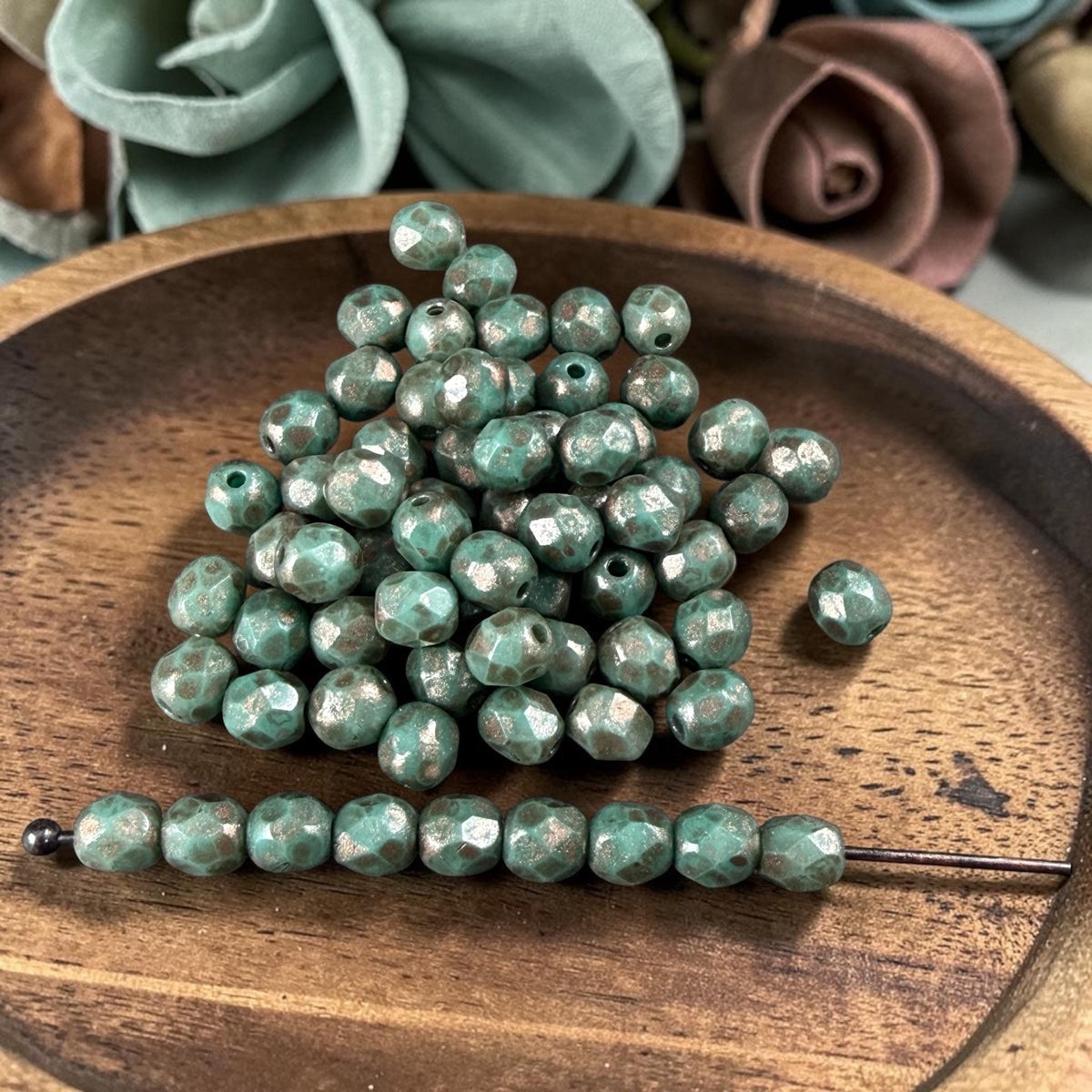 Czech Glass Beads - 4mm Faceted Round, Dark Turquoise with Copper Picasso (R596051) * 50 Beads