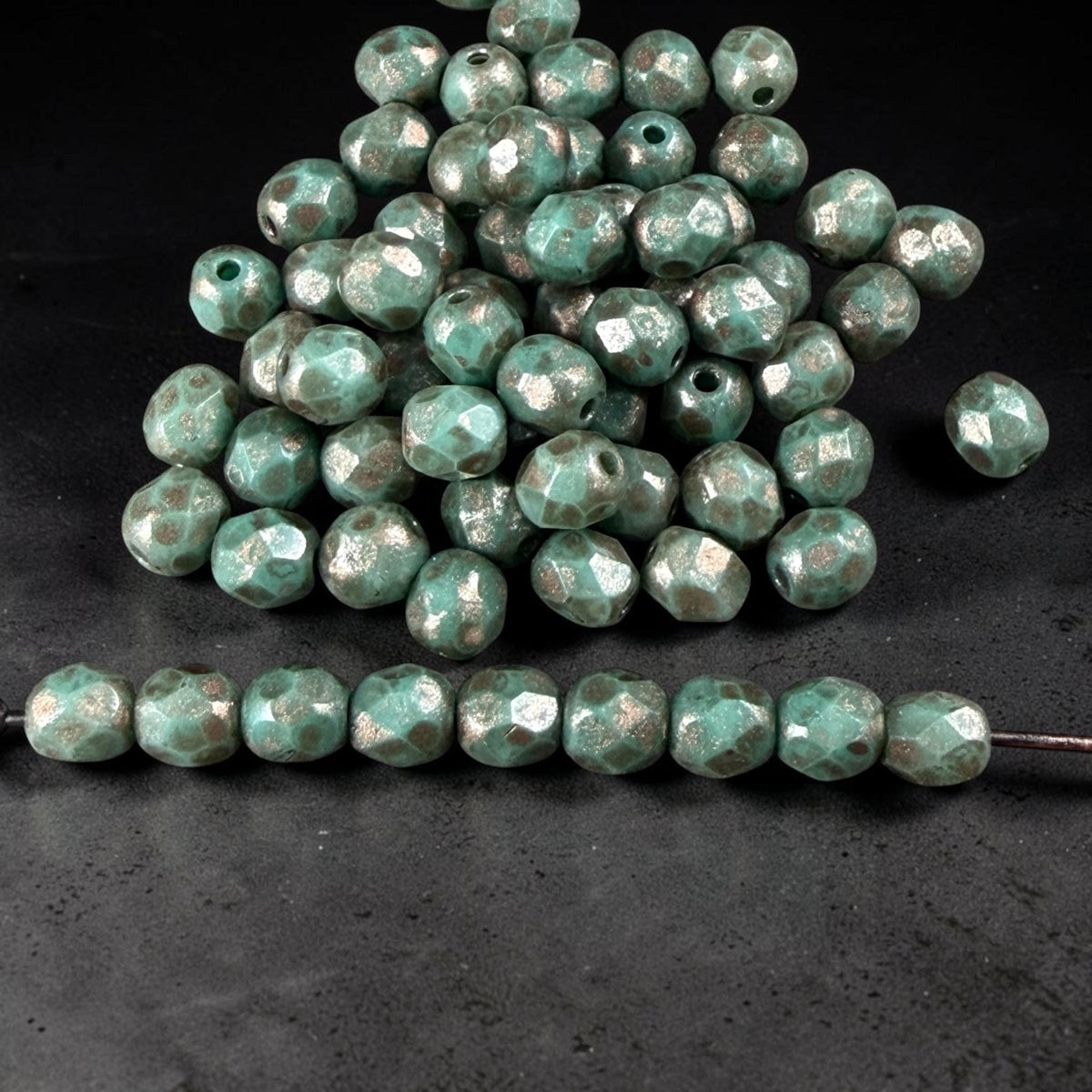Czech Glass Beads - 4mm Faceted Round, Dark Turquoise with Copper Picasso (R596051) * 50 Beads