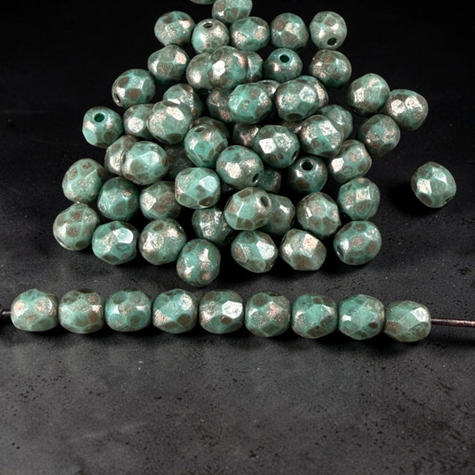 Czech Glass Beads - 4mm Faceted Round, Dark Turquoise with Copper Picasso (R596051) * 50 Beads