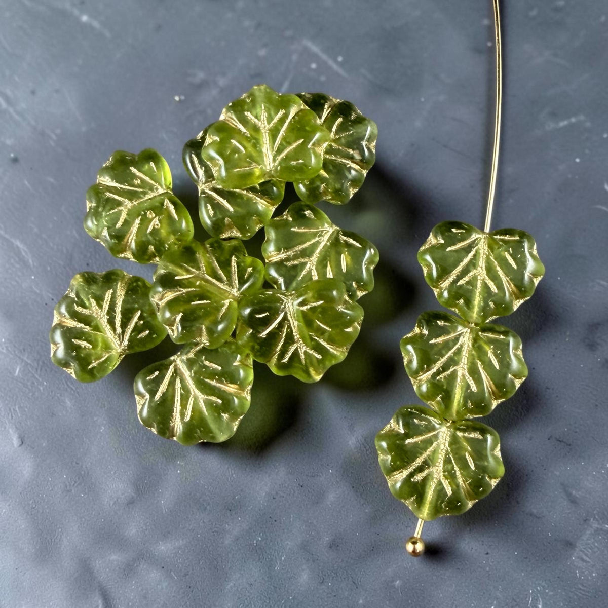 Czech Glass - 10x13mm Maple Leaf Beads, Light Olive Green with Gold Wash (ML/9376) * Qty. 10