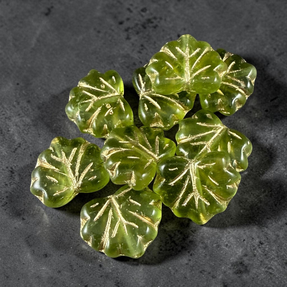 Czech Glass - 10x13mm Maple Leaf Beads, Light Olive Green with Gold Wash (ML/9376) * Qty. 10