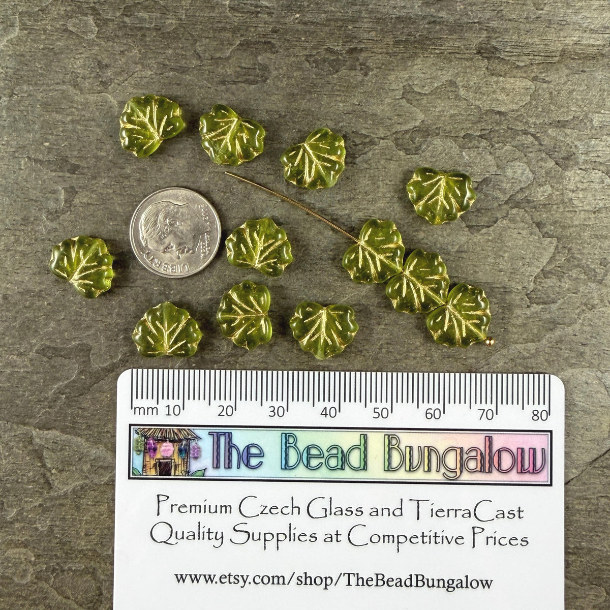 Czech Glass - 10x13mm Maple Leaf Beads, Light Olive Green with Gold Wash (ML/9376) * Qty. 10