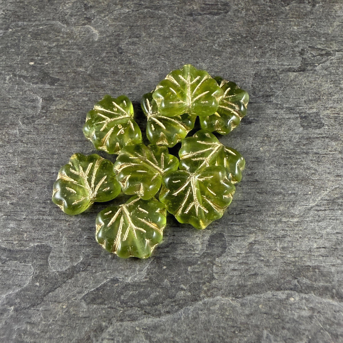 Czech Glass - 10x13mm Maple Leaf Beads, Light Olive Green with Gold Wash (ML/9376) * Qty. 10