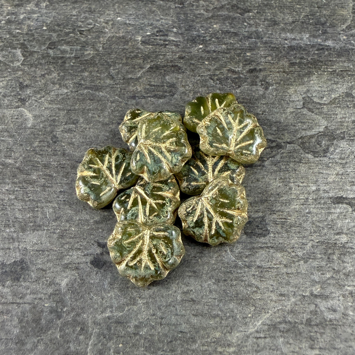 Czech Glass - 10x13mm Maple Leaf Beads, Olive Green with Picasso Finish and Gold Wash (ML/9377) * Qty. 10