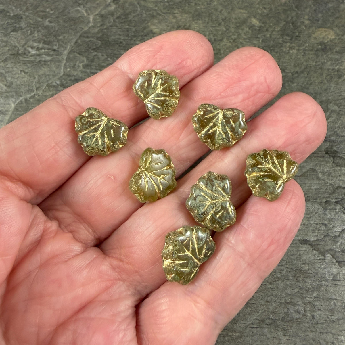 Czech Glass - 10x13mm Maple Leaf Beads, Olive Green with Picasso Finish and Gold Wash (ML/9377) * Qty. 10