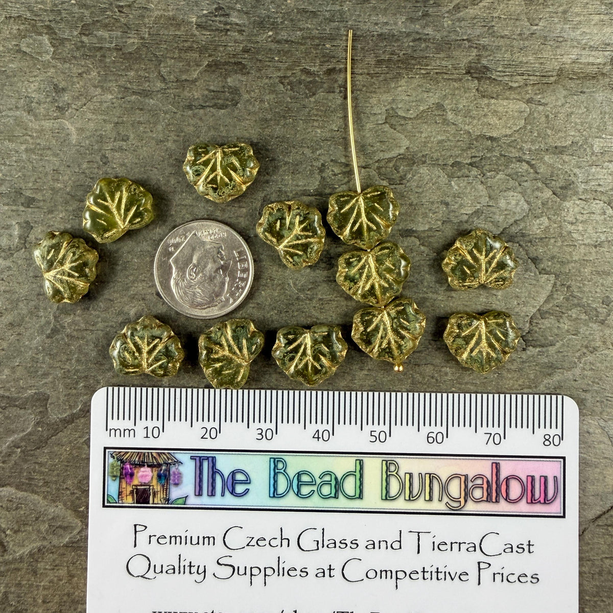 Czech Glass - 10x13mm Maple Leaf Beads, Olive Green with Picasso Finish and Gold Wash (ML/9377) * Qty. 10