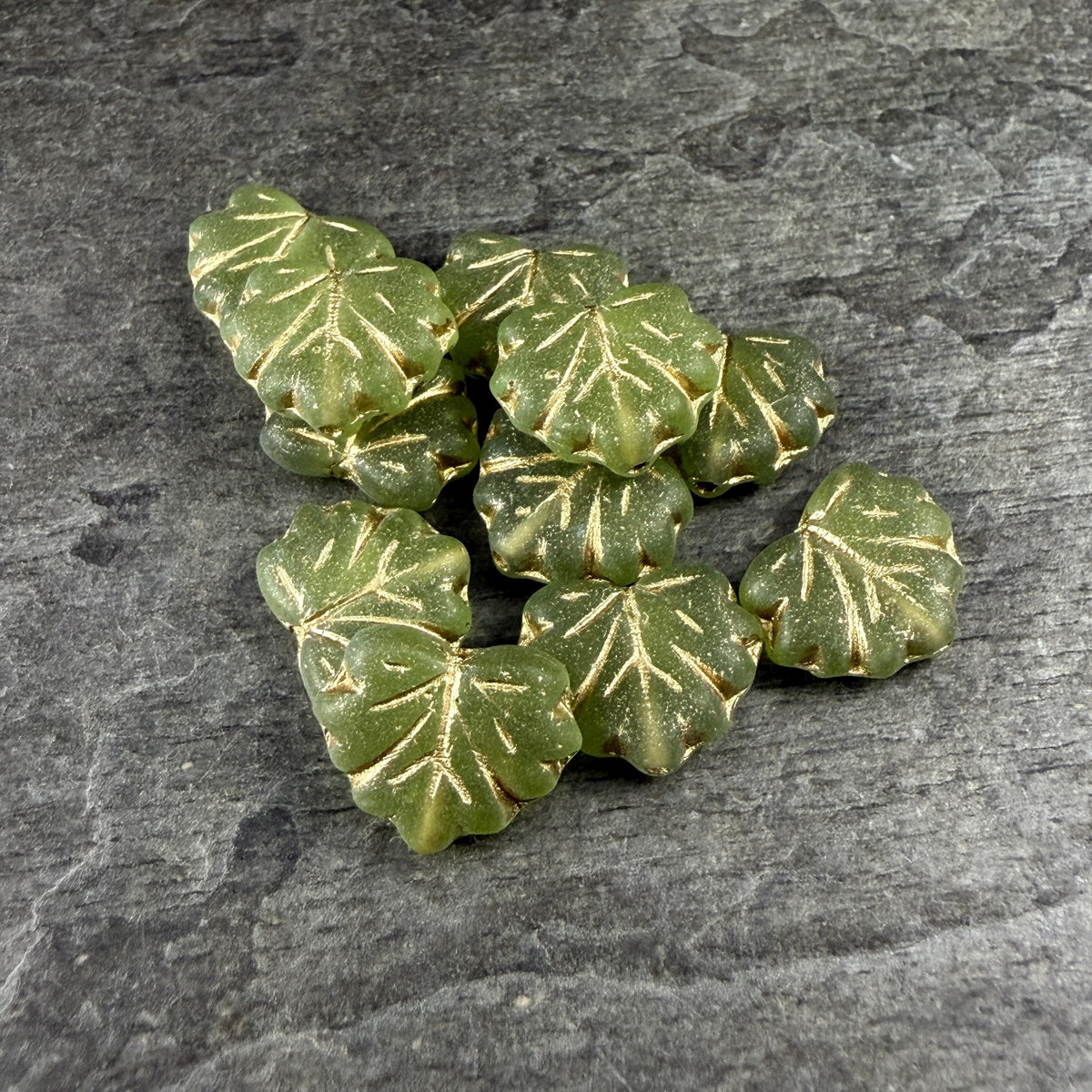Czech Glass - 10x13mm Maple Leaf Beads, Matte Olive Green with Gold Wash (111303) * Qty. 10