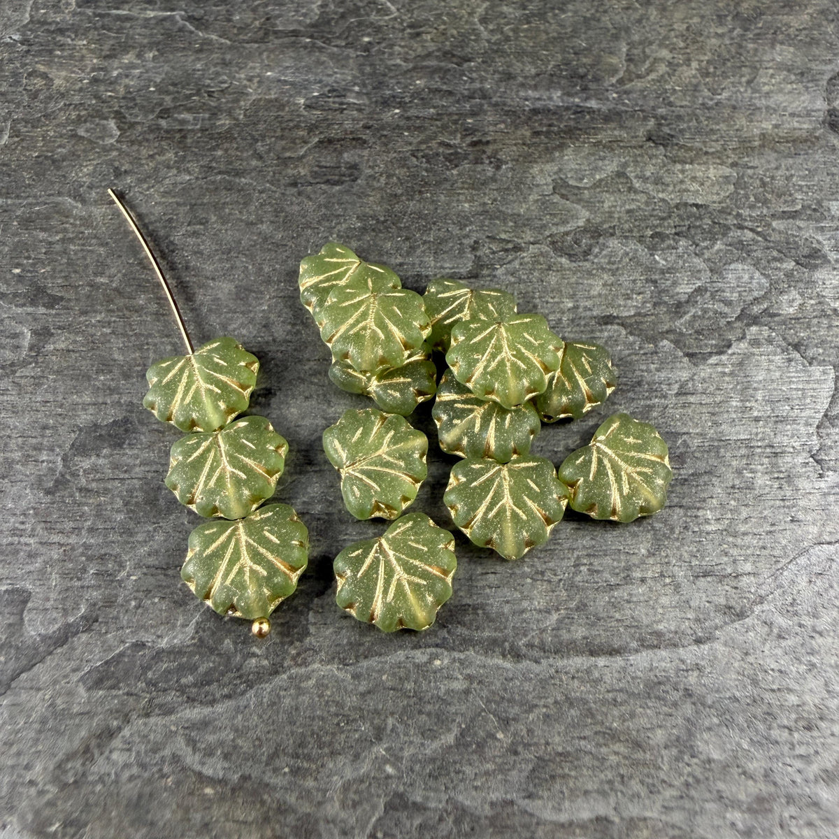 Czech Glass - 10x13mm Maple Leaf Beads, Matte Olive Green with Gold Wash (111303) * Qty. 10