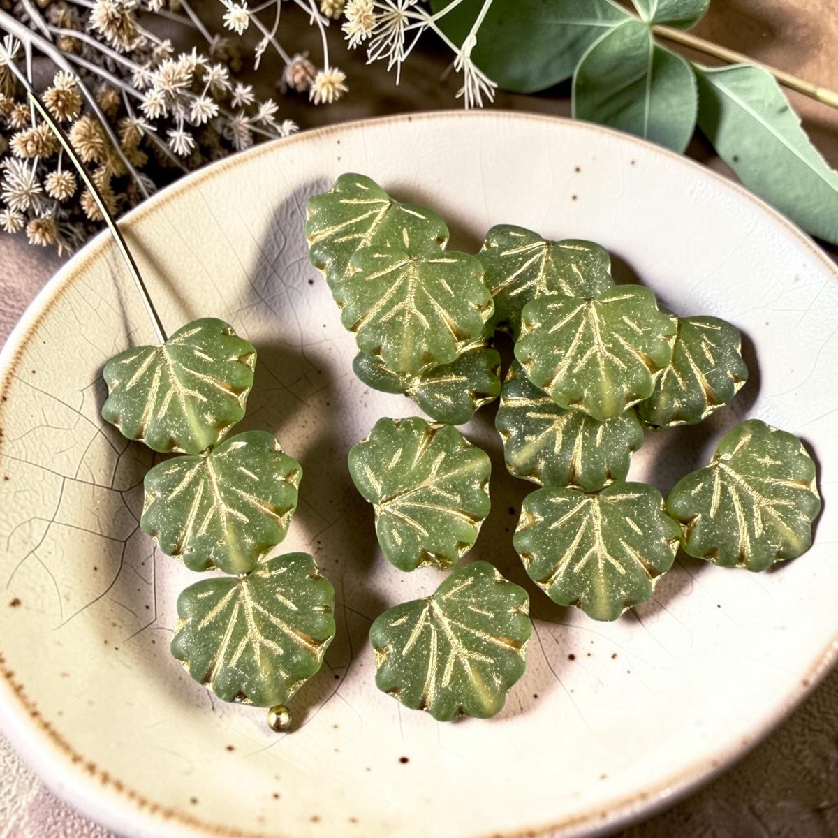 Czech Glass - 10x13mm Maple Leaf Beads, Matte Olive Green with Gold Wash (111303) * Qty. 10