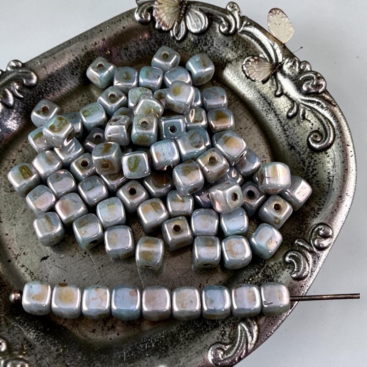 Czech Glass Beads - 3.5mm Cube Beads, Slate Blue, Gray & Lavender Picasso (955656) * Qty. 50