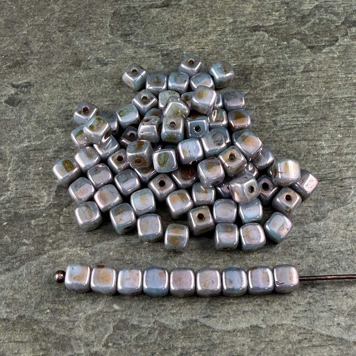Czech Glass Beads - 3.5mm Cube Beads, Slate Blue, Gray & Lavender Picasso (955656) * Qty. 50