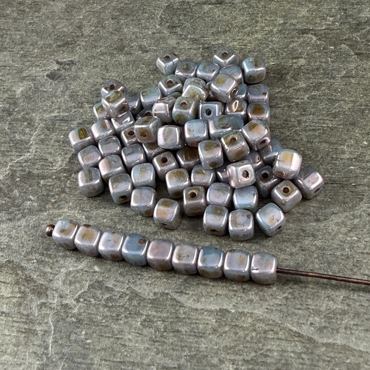 Czech Glass Beads - 3.5mm Cube Beads, Slate Blue, Gray & Lavender Picasso (955656) * Qty. 50