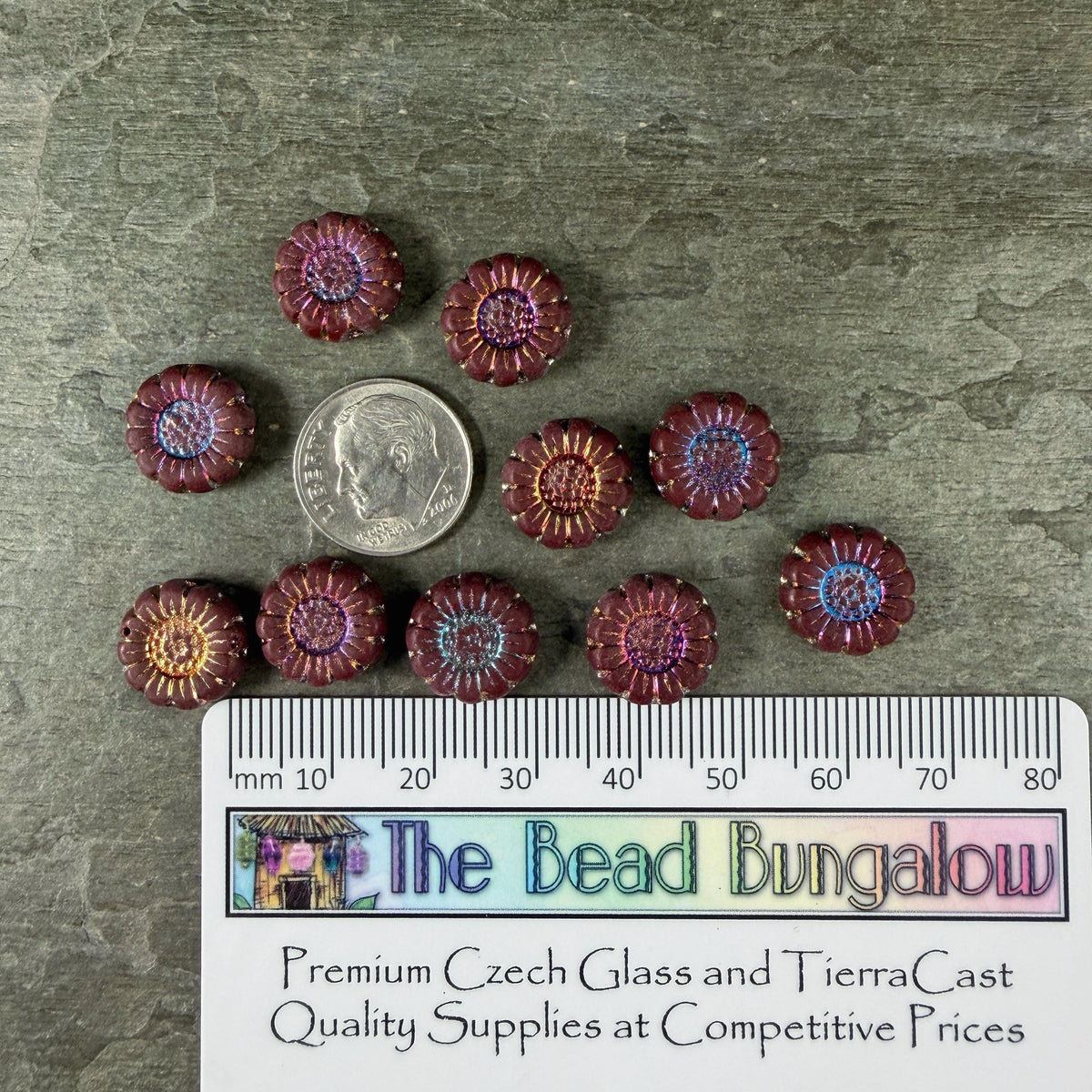Czech Glass Beads - 13mm Sunflower Bead, Matte Maroon with Volcano Wash (SFW/N-0893) * Qty. 10