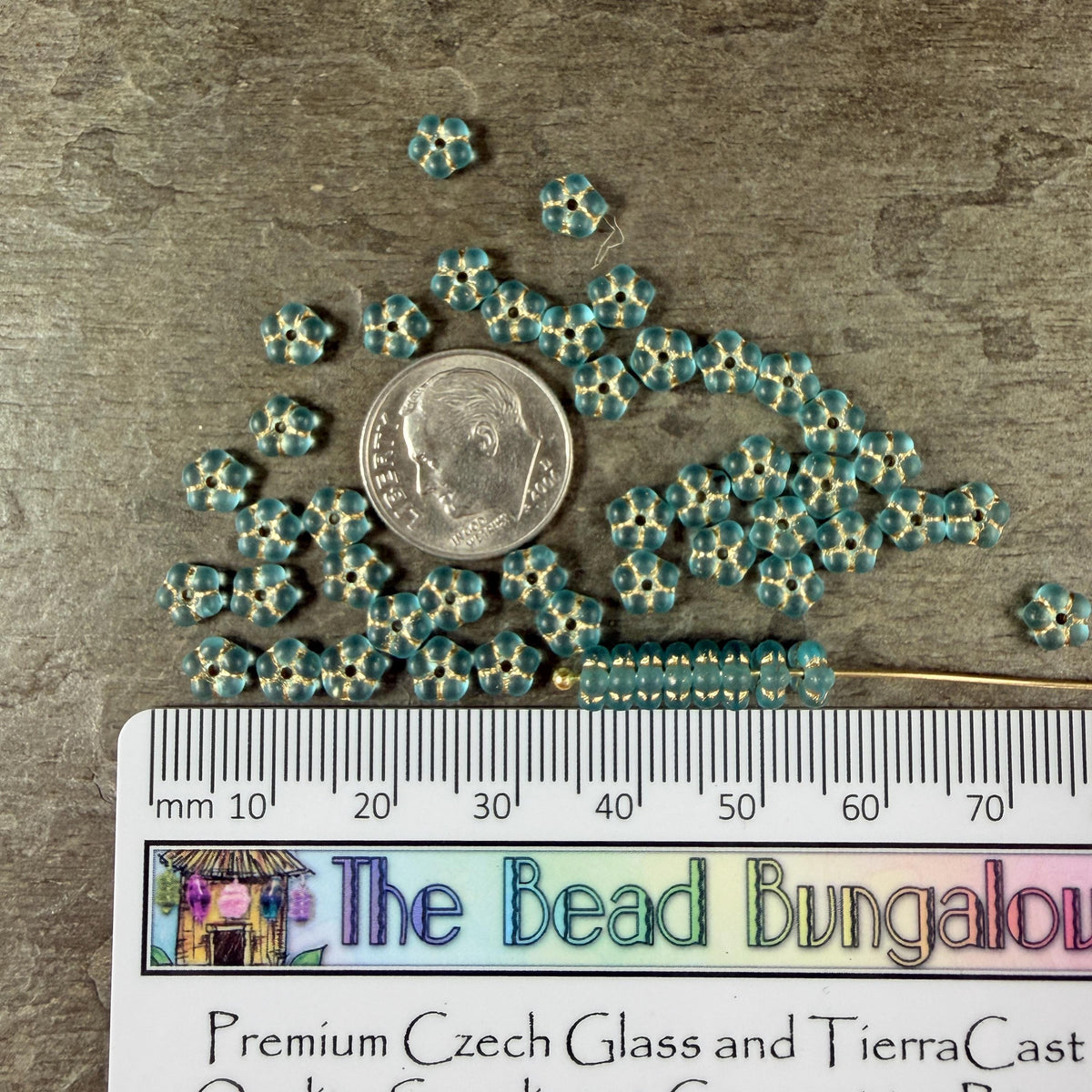 Czech Glass Beads - 5mm Forget-Me-Not Daisy Spacers, Sky Blue with Gold Wash (FMN/N-0812) * Qty. 50