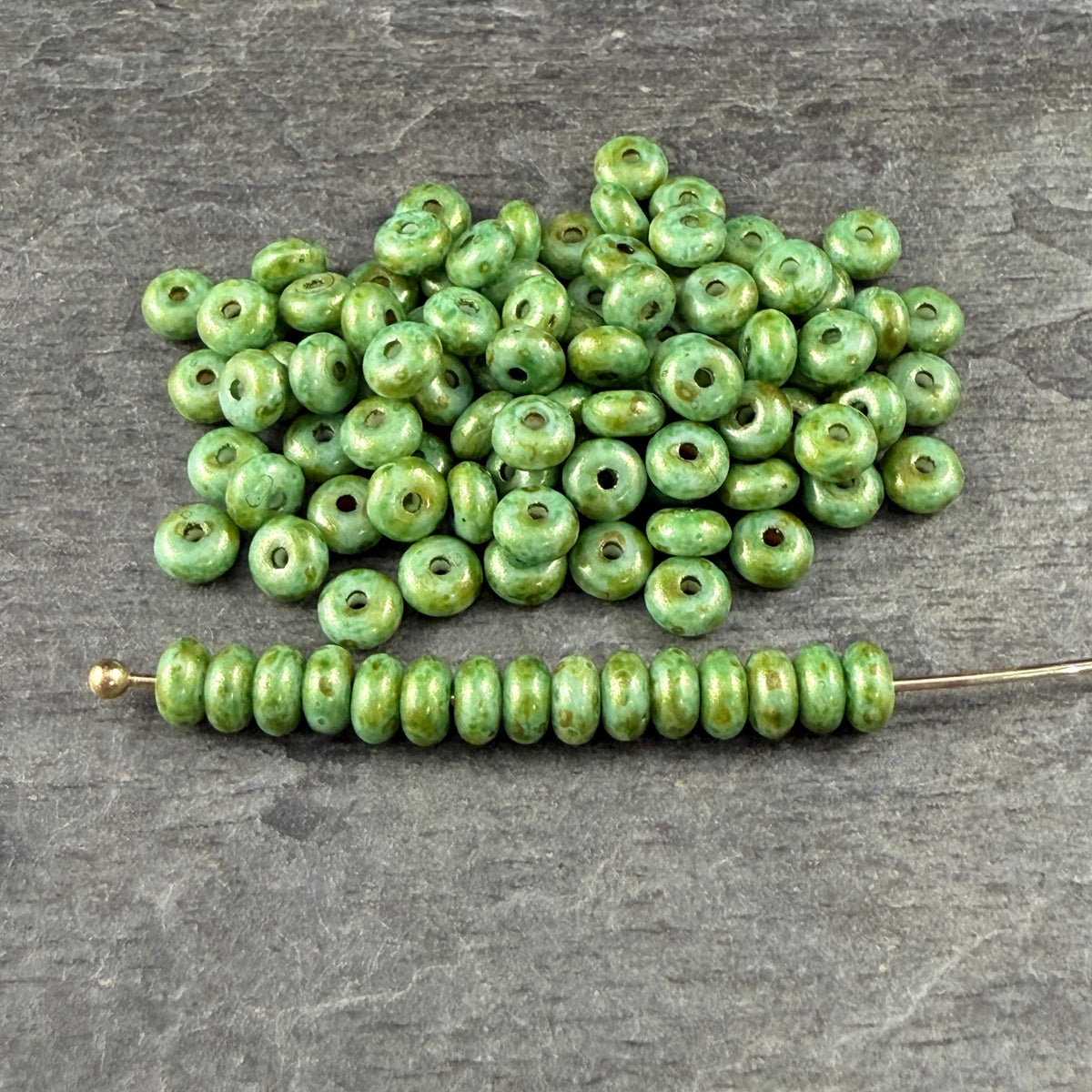 Czech Glass Beads - 2.25x4mm Heishi Rondelle, Bright Green Picasso Luster (951816) * 100 Beads