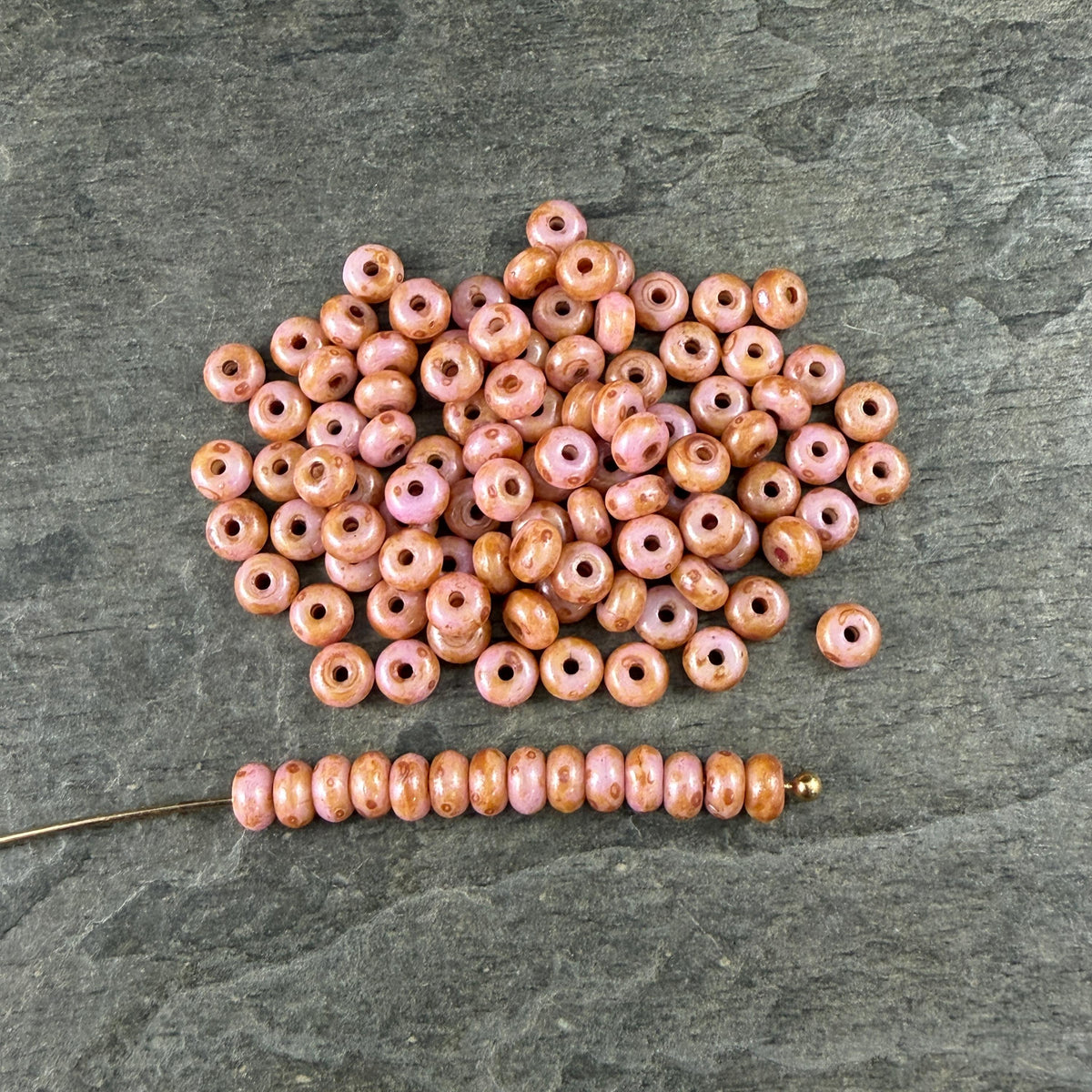 Czech Glass Beads - 2.25x4mm Heishi Rondelle, Rose Pink Picasso (951813) * 100 Beads