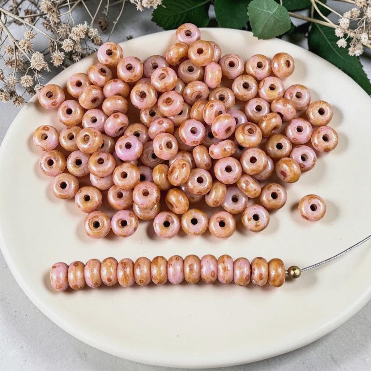 Czech Glass Beads - 2.25x4mm Heishi Rondelle, Rose Pink Picasso (951813) * 100 Beads