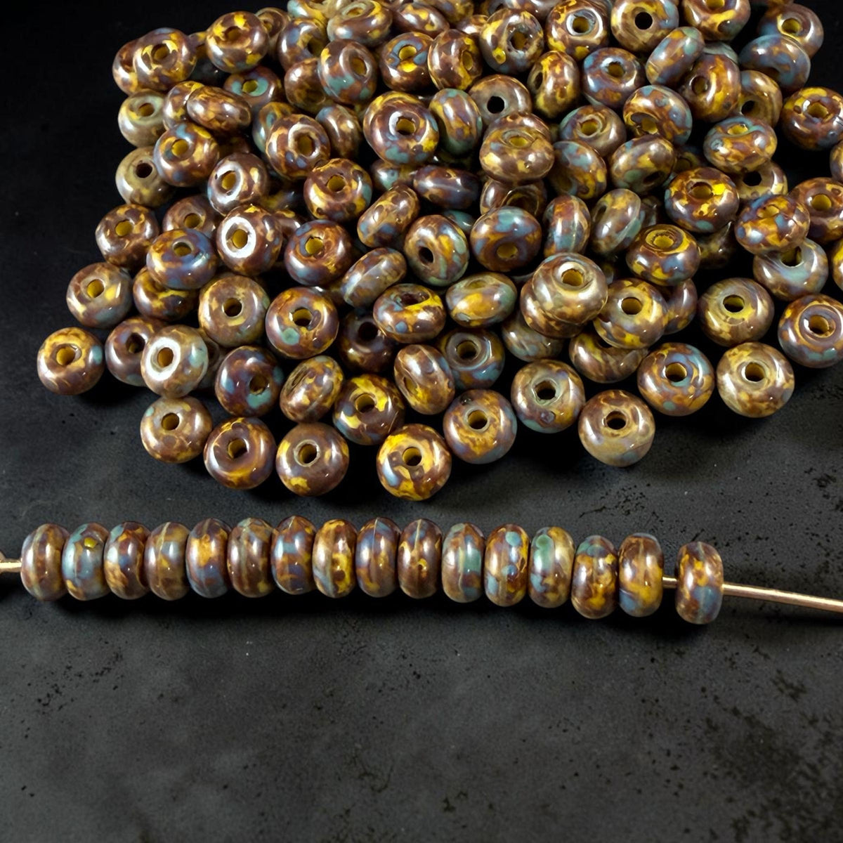 Czech Glass Beads - 2.25x4mm Heishi Rondelle, Yellow with Travertine Picasso (953819) * 100 Beads