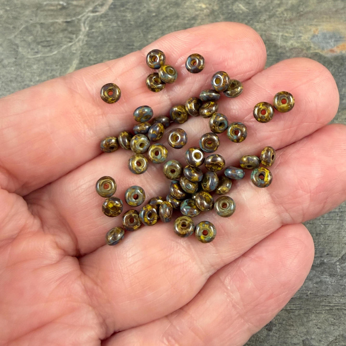 Czech Glass Beads - 2.25x4mm Heishi Rondelle, Yellow with Travertine Picasso (953819) * 100 Beads