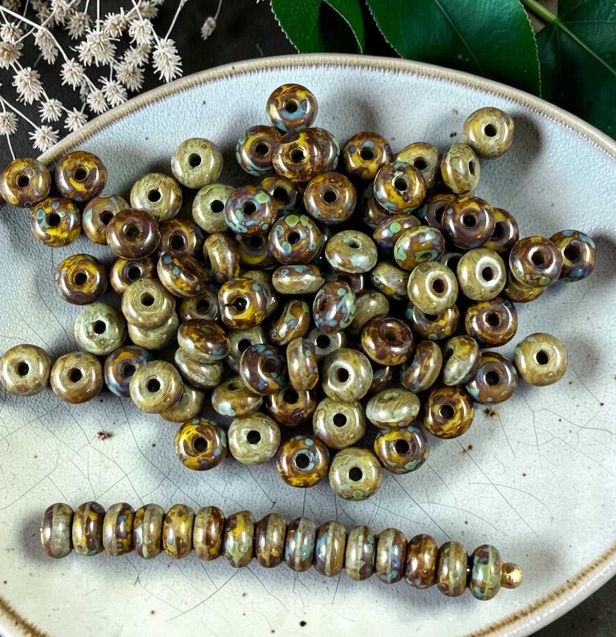 Czech Glass Beads - 2.25x4mm Heishi Rondelle, Khaki Green Picasso (952964) * 100 Beads