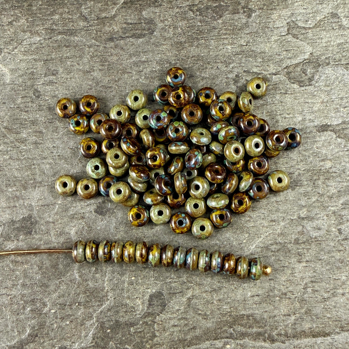 Czech Glass Beads - 2.25x4mm Heishi Rondelle, Khaki Green Picasso (952964) * 100 Beads