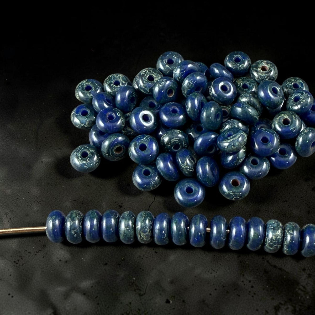 Czech Glass Beads - 2.25x4mm Heishi Rondelle, Navy Blue Picasso (953816) * 100 Beads