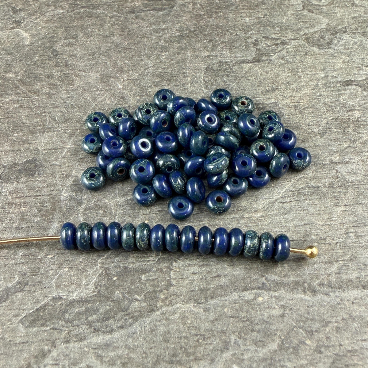 Czech Glass Beads - 2.25x4mm Heishi Rondelle, Navy Blue Picasso (953816) * 100 Beads
