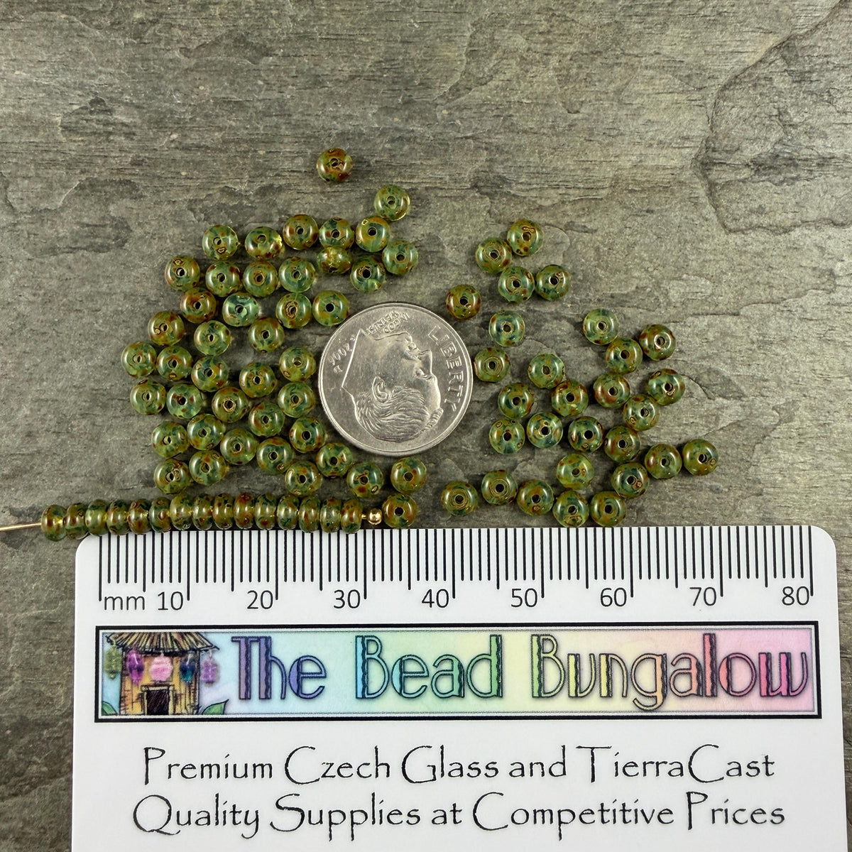 Czech Glass Beads - 2.25x4mm Heishi Rondelle, Peridot Green Picasso (952965) * 100 Beads