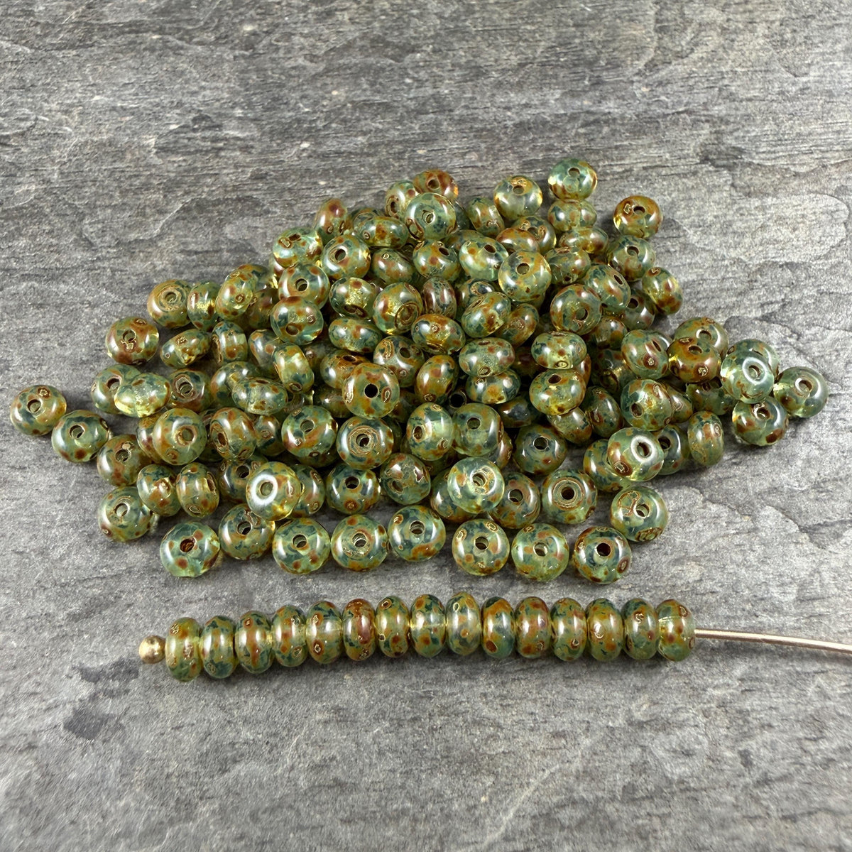 Czech Glass Beads - 2.25x4mm Heishi Rondelle, Peridot Green Picasso (952965) * 100 Beads