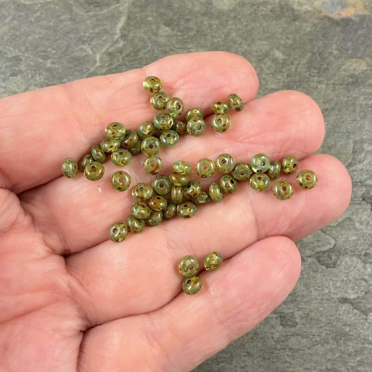 Czech Glass Beads - 2.25x4mm Heishi Rondelle, Peridot Green Picasso (952965) * 100 Beads