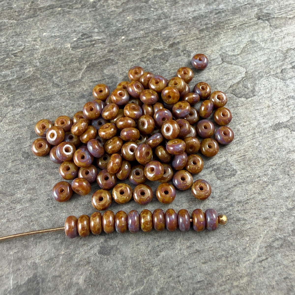 Czech Glass Beads - 2.25x4mm Heishi Rondelle, Brown and Purple Picasso (953817) * 100 Beads