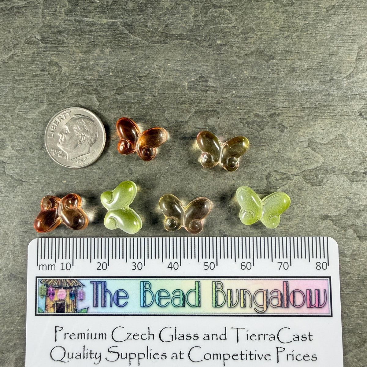 Colorful Mix of Glass Butterfly Beads, Pink, Yellow, Orange, Green - 14mm Puffy Butterfly Bead Pairs * Qty. 12