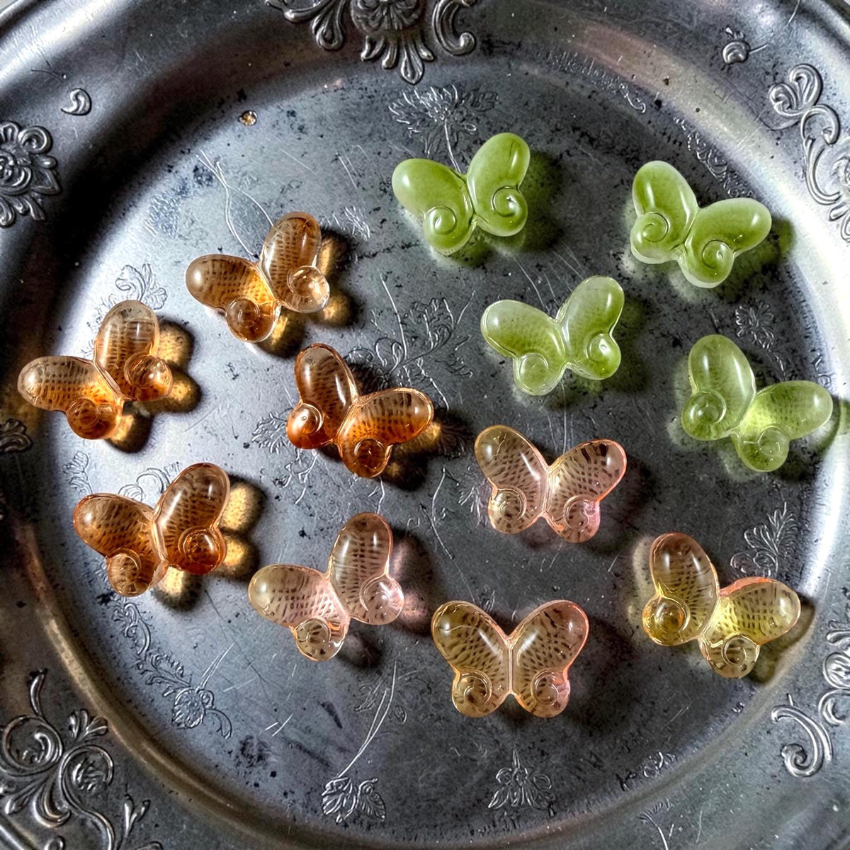 Colorful Mix of Glass Butterfly Beads, Pink, Yellow, Orange, Green - 14mm Puffy Butterfly Bead Pairs * Qty. 12