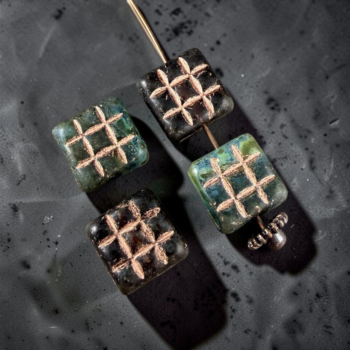 Czech Glass Beads - 13mm Square Blue, Green and Brown with Copper Wash (SQ13MxDk) * 8 Beads