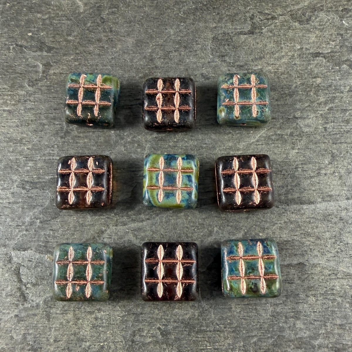 Czech Glass Beads - 13mm Square Blue, Green and Brown with Copper Wash (SQ13MxDk) * 8 Beads