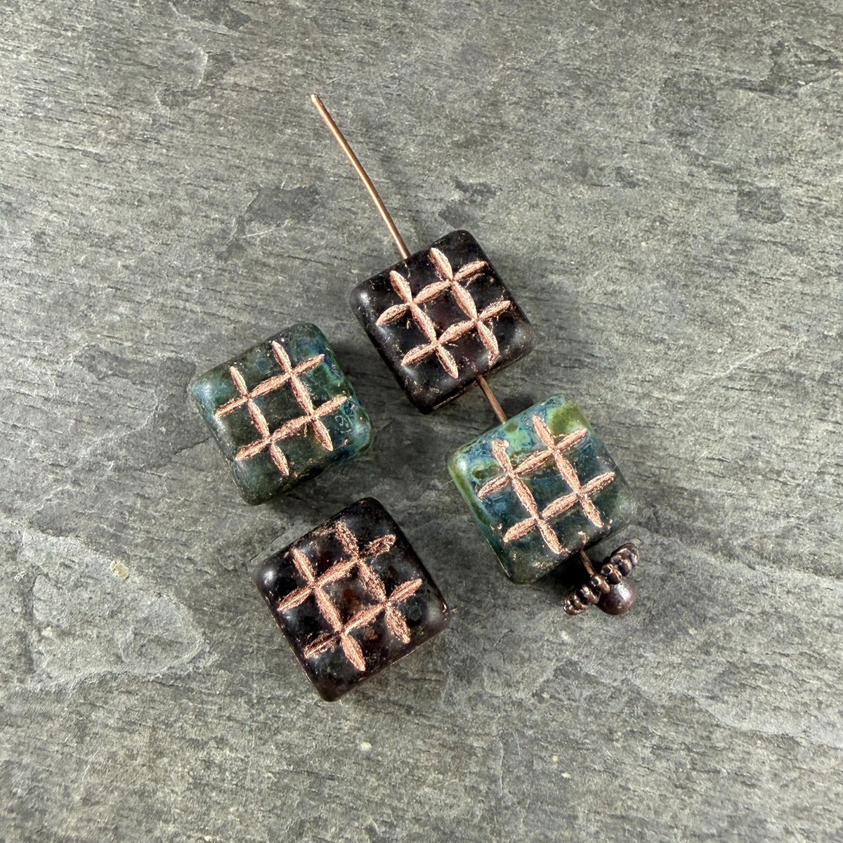 Czech Glass Beads - 13mm Square Blue, Green and Brown with Copper Wash (SQ13MxDk) * 8 Beads