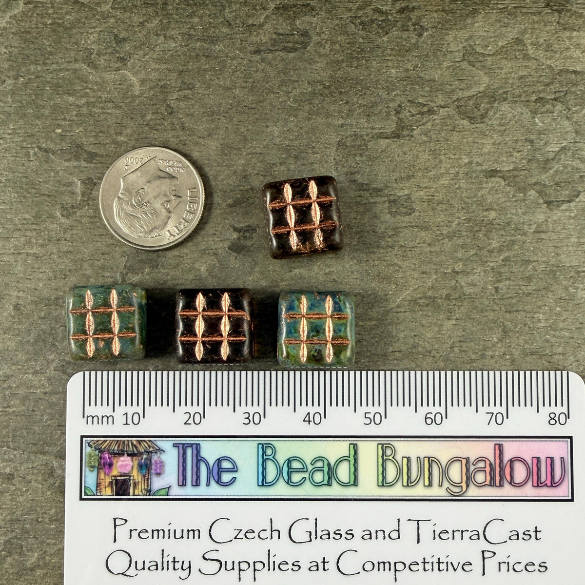 Czech Glass Beads - 13mm Square Blue, Green and Brown with Copper Wash (SQ13MxDk) * 8 Beads