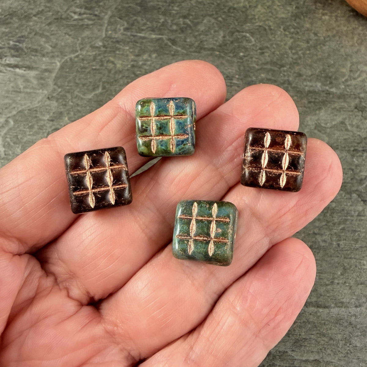 Czech Glass Beads - 13mm Square Blue, Green and Brown with Copper Wash (SQ13MxDk) * 8 Beads