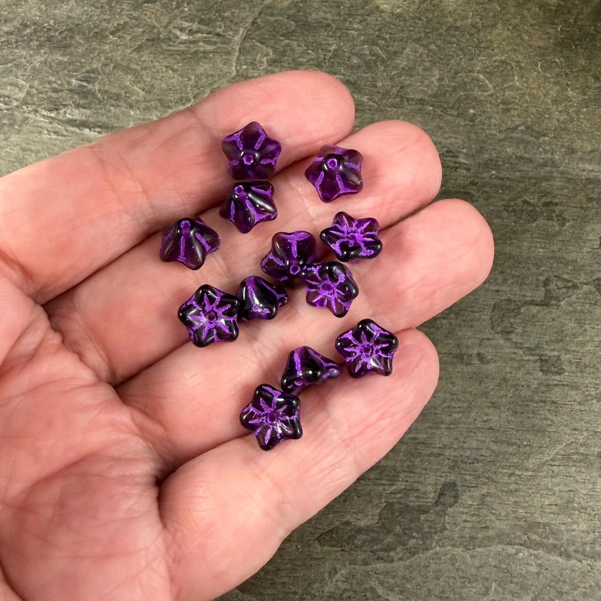 Czech Glass Beads - 6x9mm Bell Flower, Dark Purple with Lavender Wash (BF/N-0436) * Qty. 25