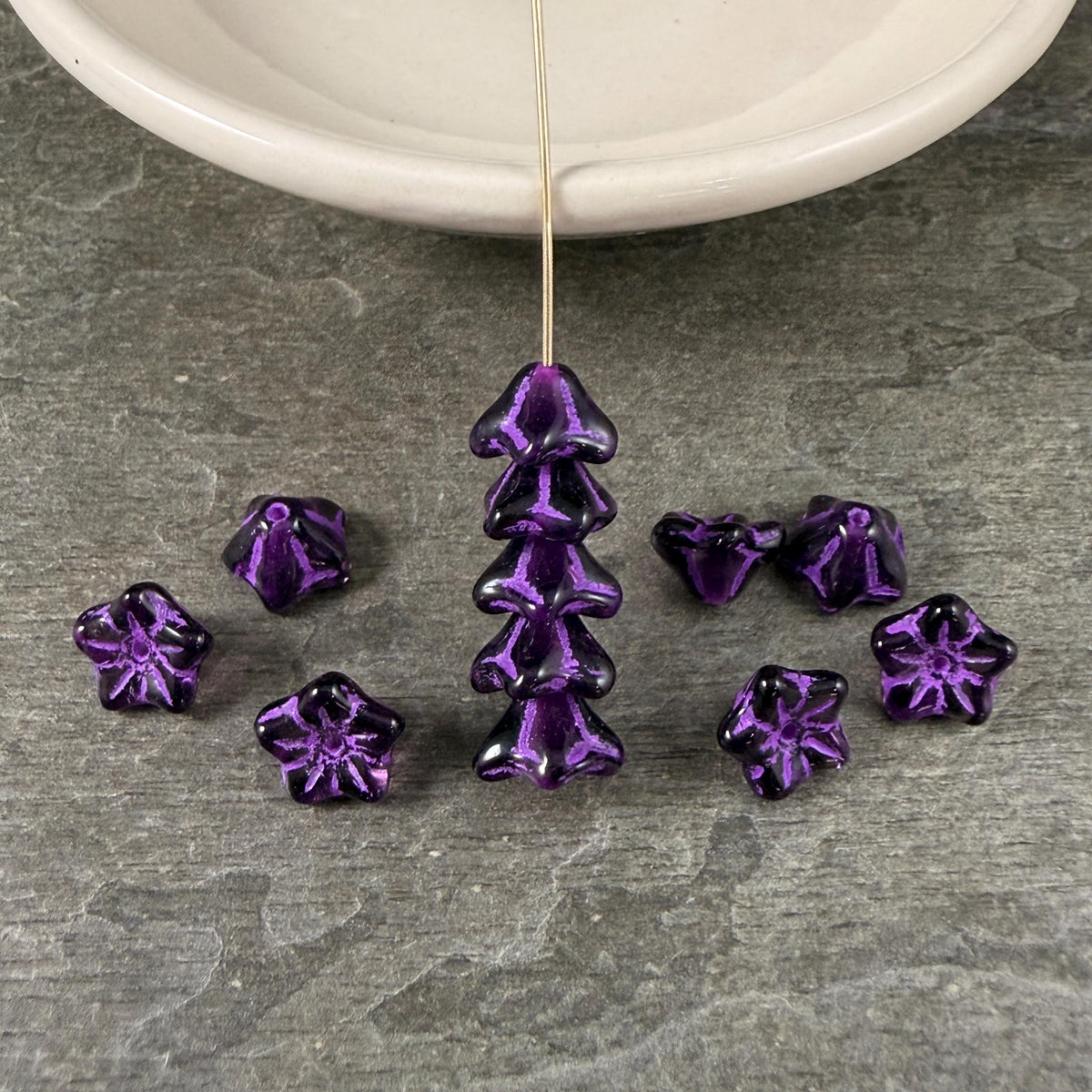 Czech Glass Beads - 6x9mm Bell Flower, Dark Purple with Lavender Wash (BF/N-0436) * Qty. 25