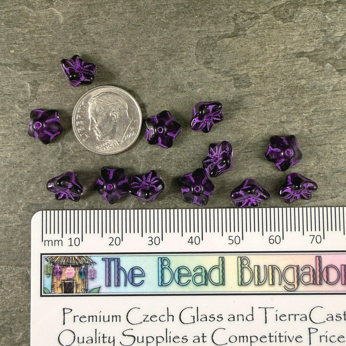Czech Glass Beads - 6x9mm Bell Flower, Dark Purple with Lavender Wash (BF/N-0436) * Qty. 25