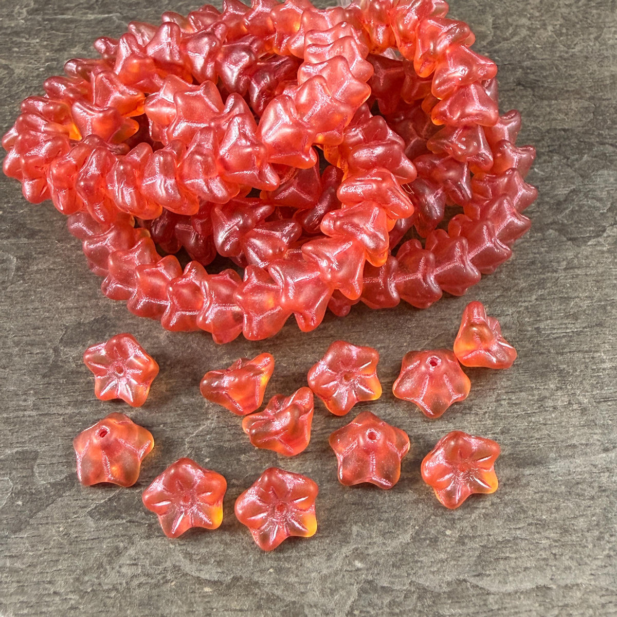 Czech Glass Beads - 6x9mm Bell Flower, Matte Orange with Pink Wash (BF/N-0084) * Qty. 25