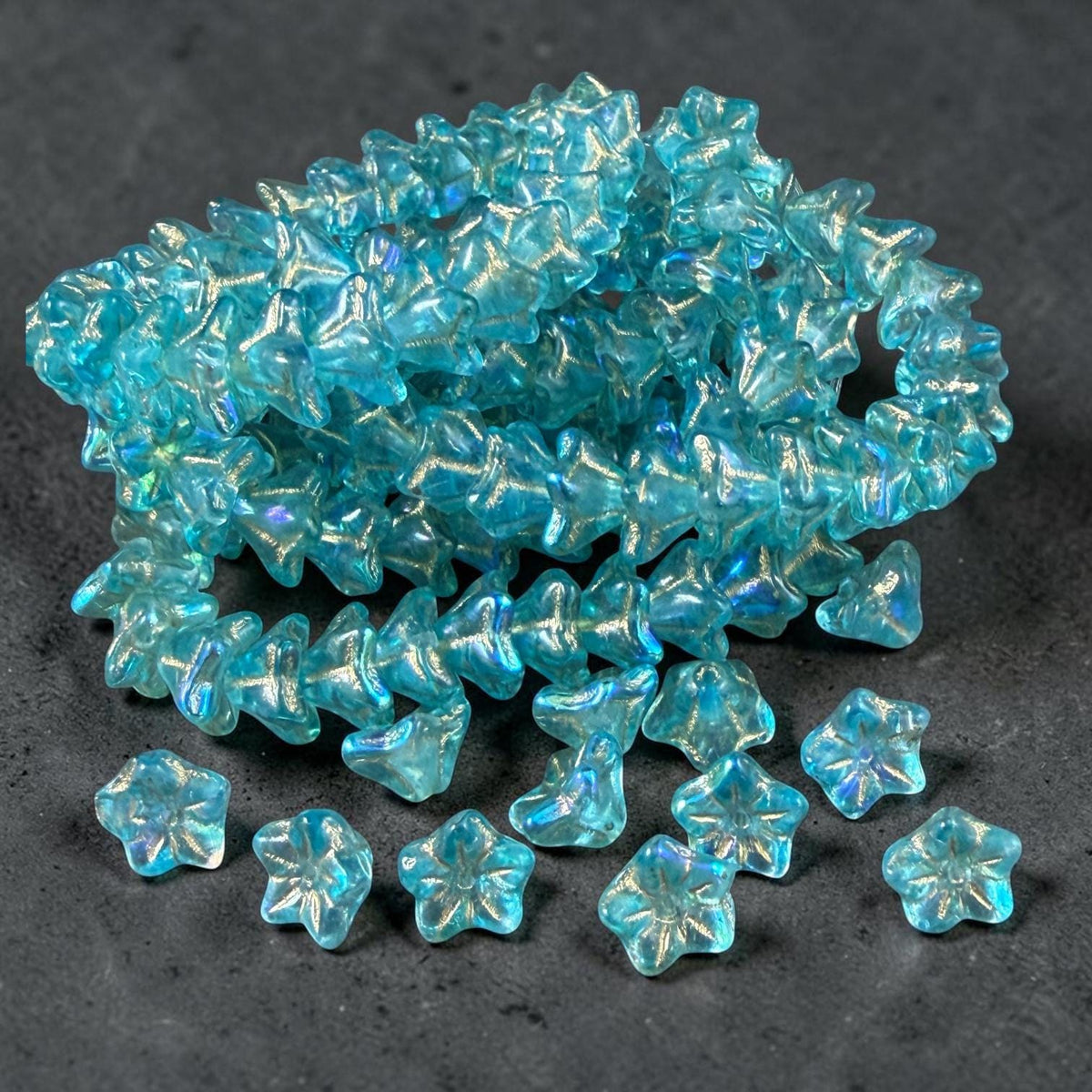 Czech Glass Beads - 6x9mm Bell Flower, Aqua Blue with AB Finish and Gold Wash (BF/N-0473) * Qty. 25