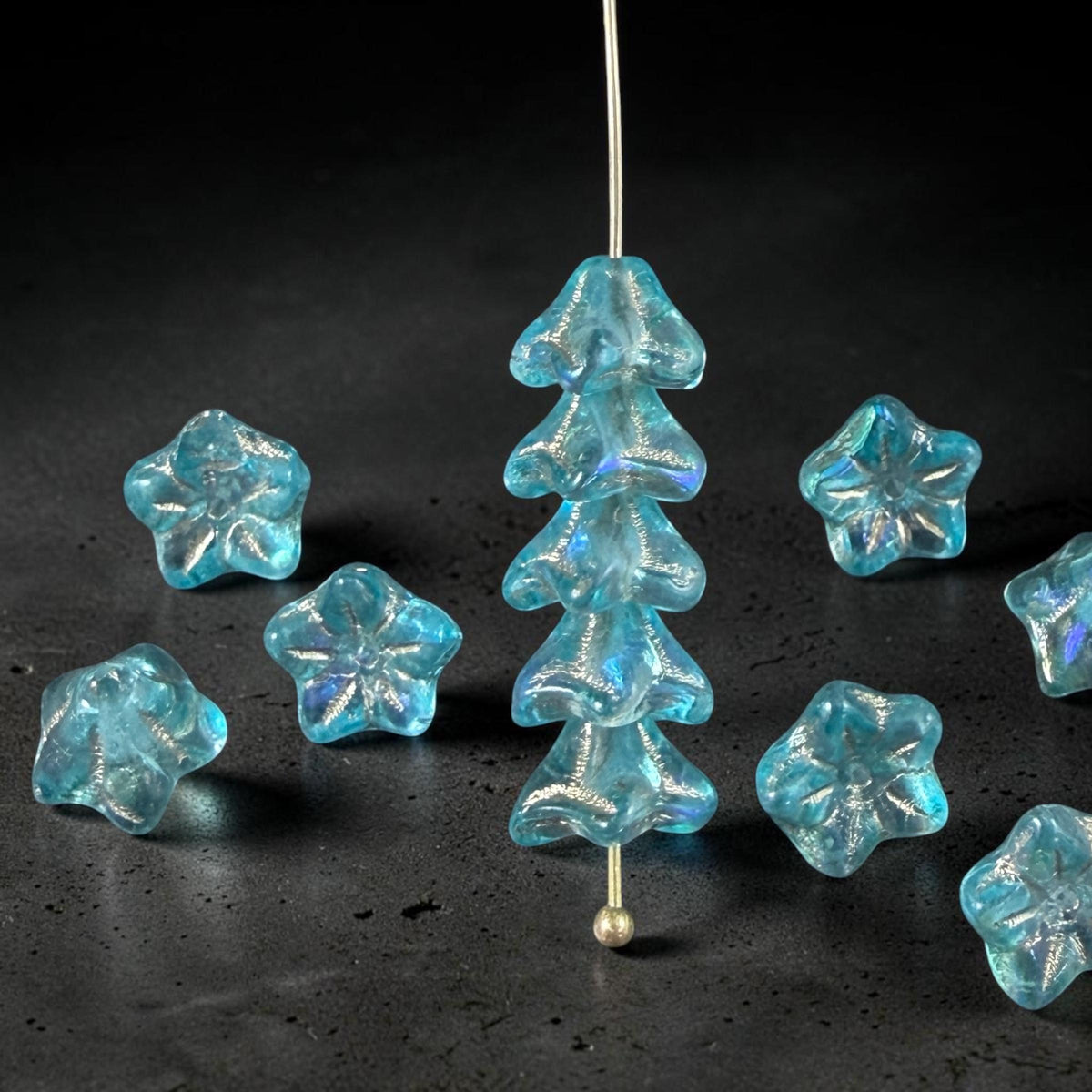 Czech Glass Beads - 6x9mm Bell Flower, Aqua Blue with AB Finish and Gold Wash (BF/N-0473) * Qty. 25