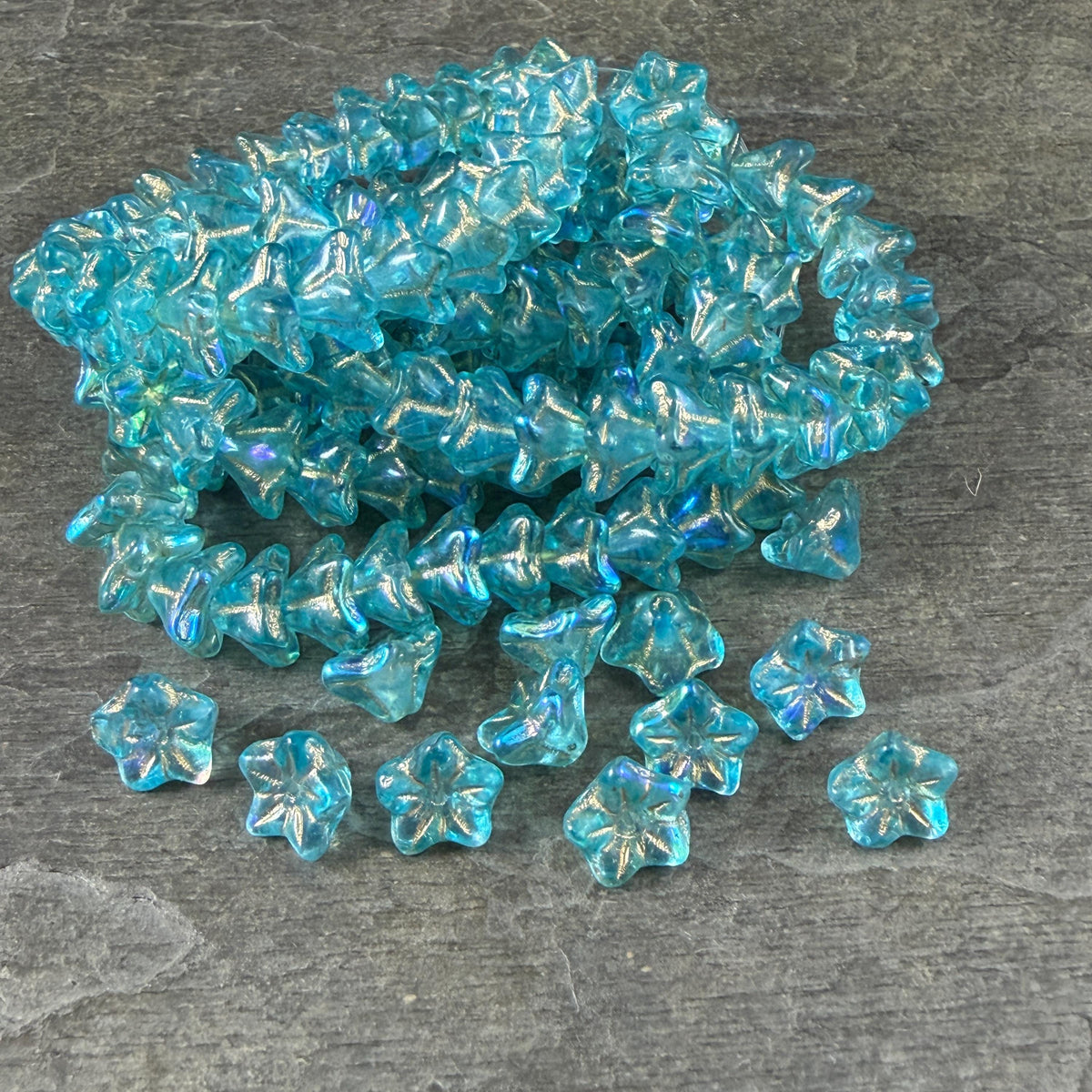 Czech Glass Beads - 6x9mm Bell Flower, Aqua Blue with AB Finish and Gold Wash (BF/N-0473) * Qty. 25