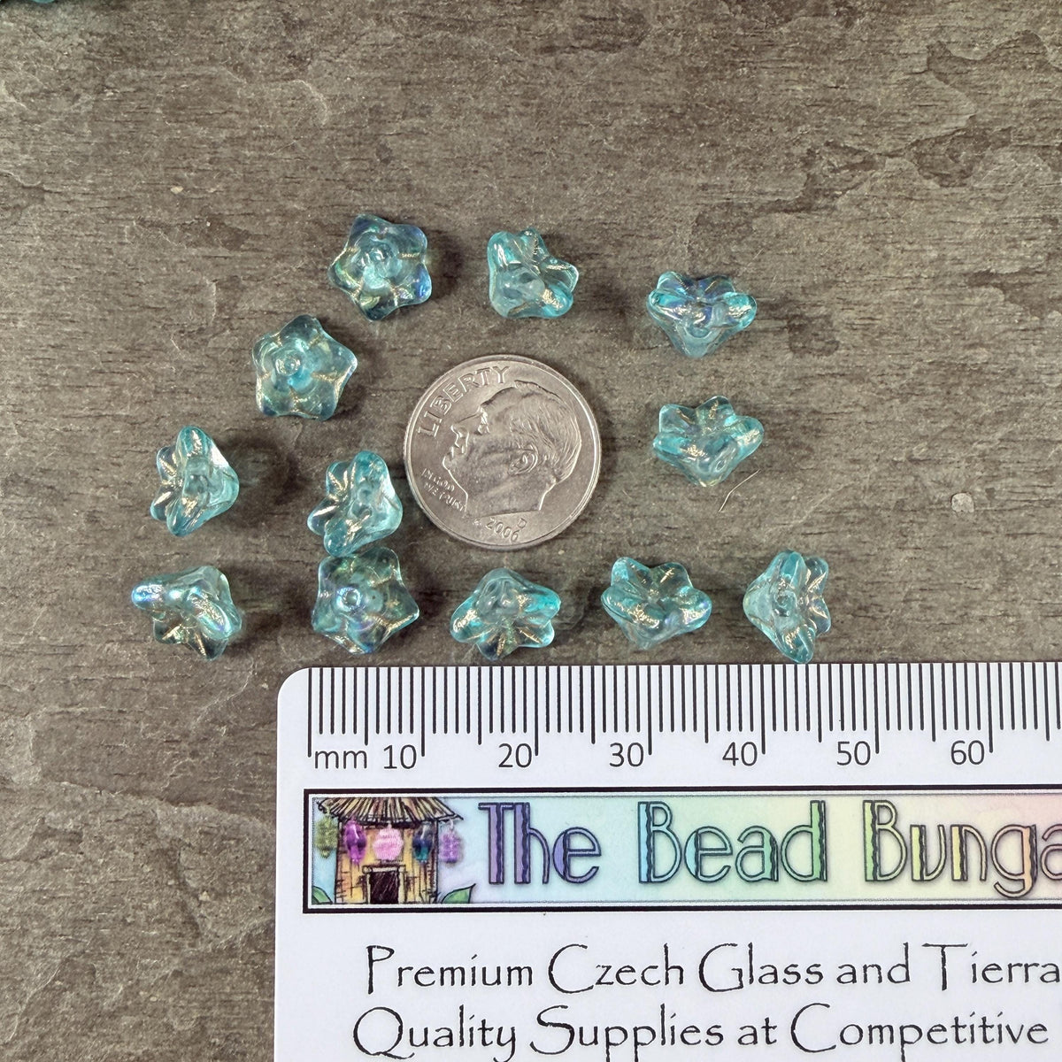 Czech Glass Beads - 6x9mm Bell Flower, Aqua Blue with AB Finish and Gold Wash (BF/N-0473) * Qty. 25