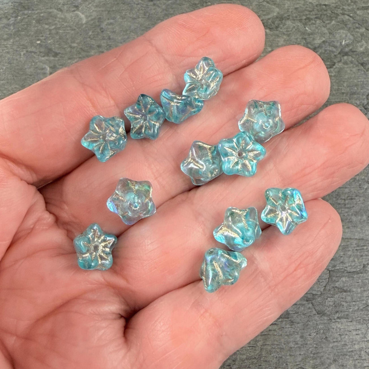 Czech Glass Beads - 6x9mm Bell Flower, Aqua Blue with AB Finish and Gold Wash (BF/N-0473) * Qty. 25